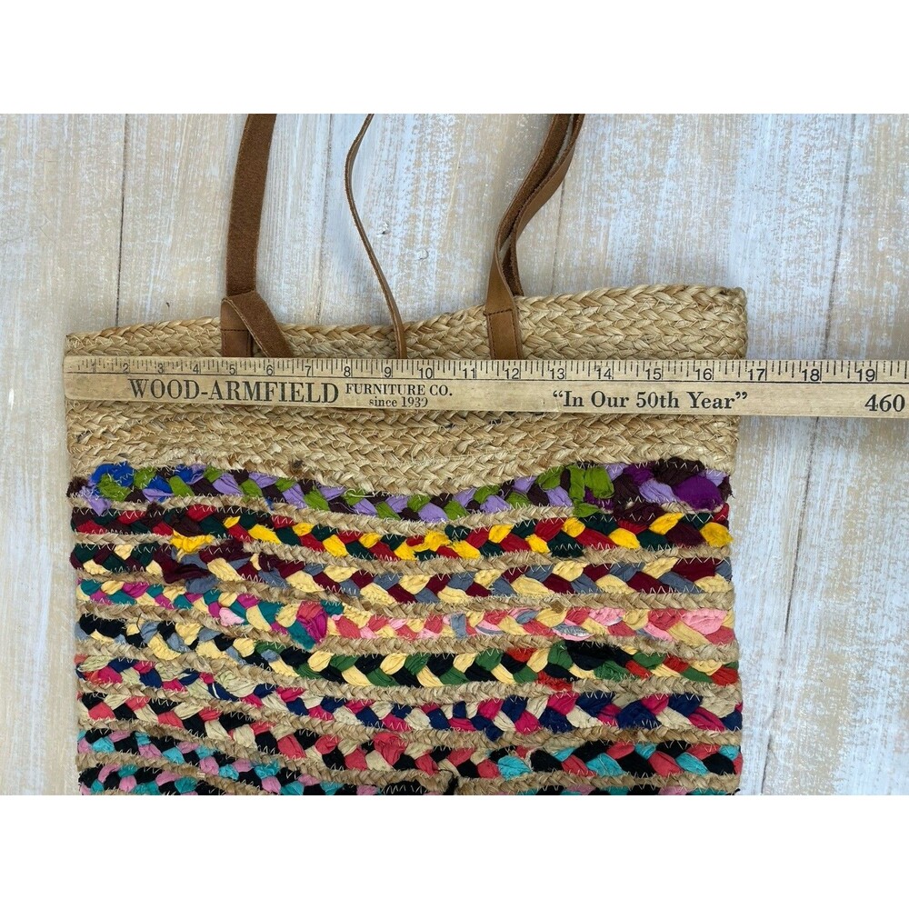 Jute Ethnic Colorful Hand Tote Bag w/ Leather Straps - Picture 7 of 9